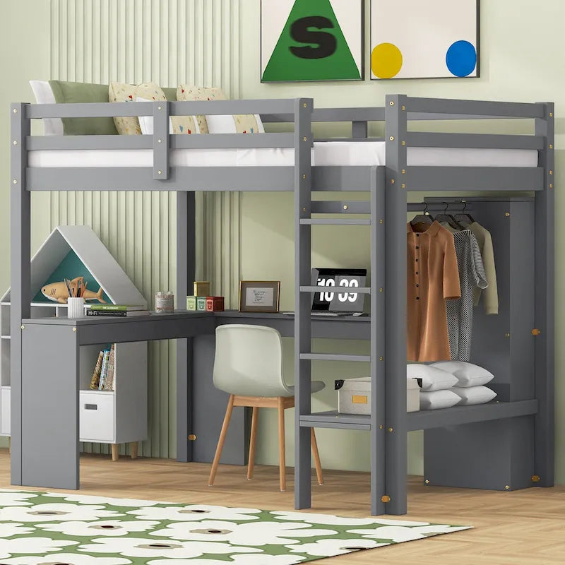 Twin Size Solid Wiood Loft Bed with L-shaped Desk, Wardrobe and Storage Shelves