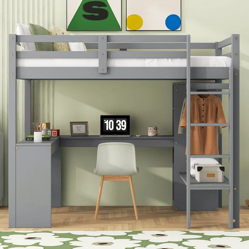 Twin Size Solid Wiood Loft Bed with L-shaped Desk, Wardrobe and Storage Shelves
