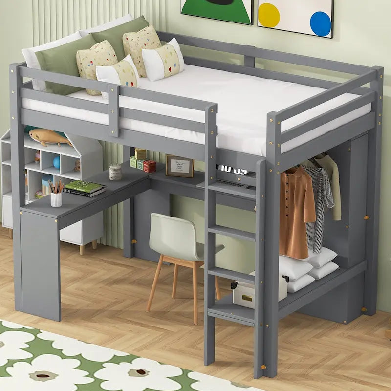 Twin Size Solid Wiood Loft Bed with L-shaped Desk, Wardrobe and Storage Shelves