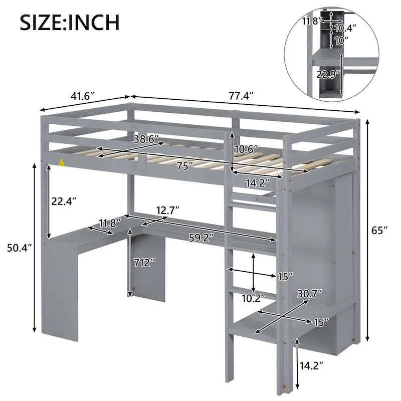 Twin Size Solid Wiood Loft Bed with L-shaped Desk, Wardrobe and Storage Shelves