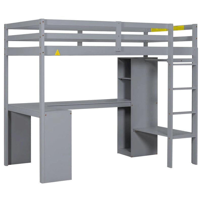 Twin Size Solid Wiood Loft Bed with L-shaped Desk, Wardrobe and Storage Shelves