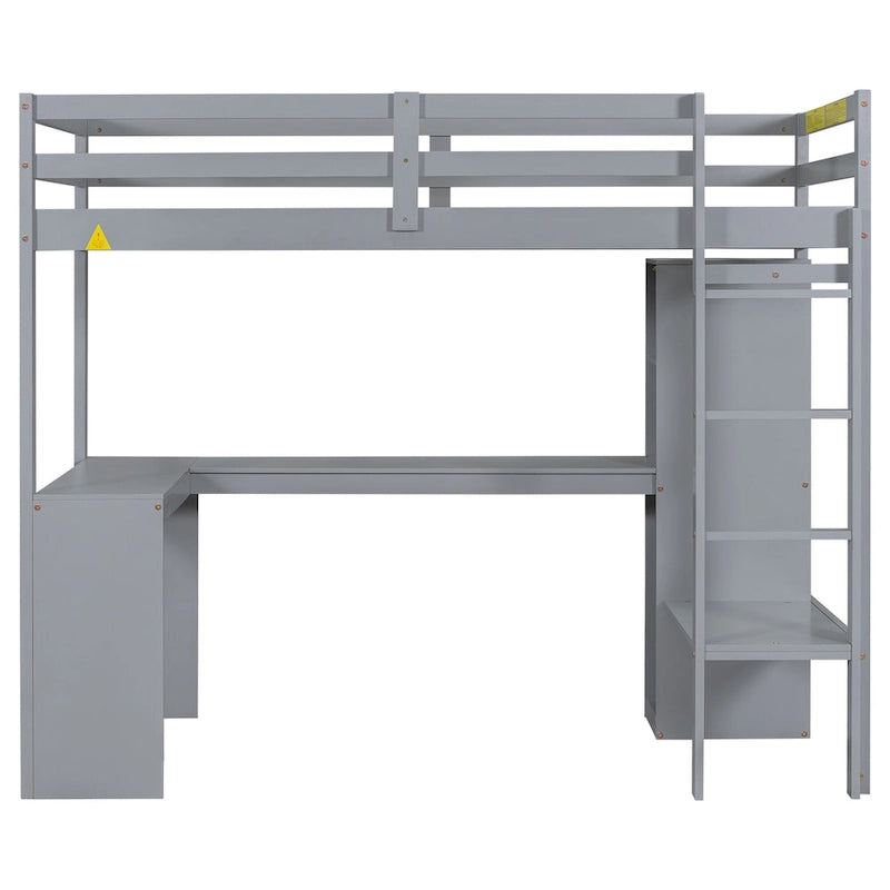 Twin Size Solid Wiood Loft Bed with L-shaped Desk, Wardrobe and Storage Shelves