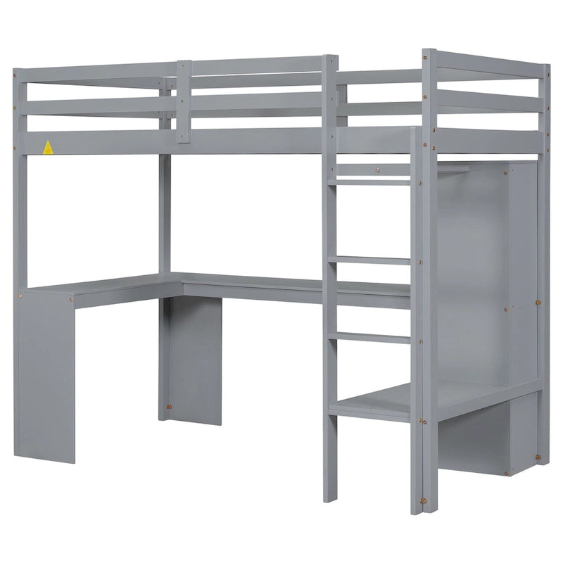 Twin Size Solid Wiood Loft Bed with L-shaped Desk, Wardrobe and Storage Shelves