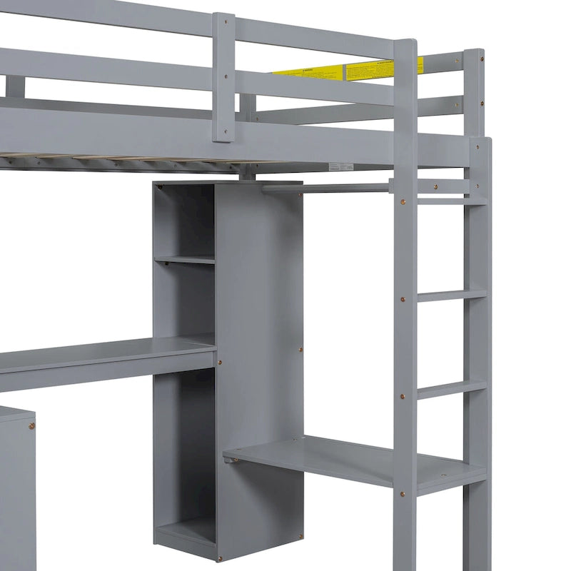 Twin Size Solid Wiood Loft Bed with L-shaped Desk, Wardrobe and Storage Shelves
