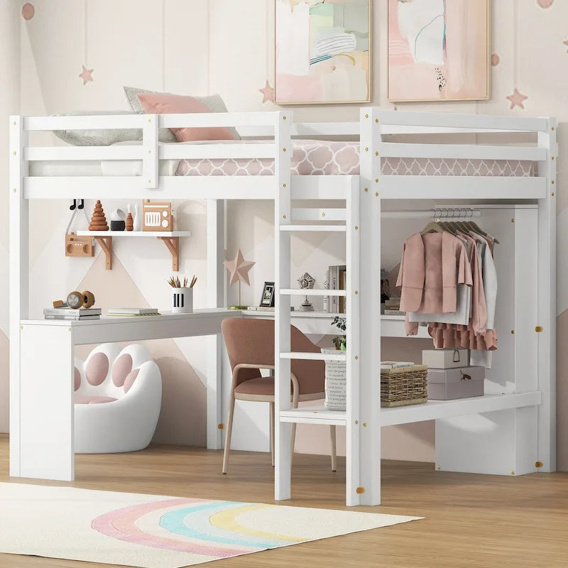 Full Size Solid Wiood Loft Bed with L-shaped Desk, Wardrobe and Storage Shelves