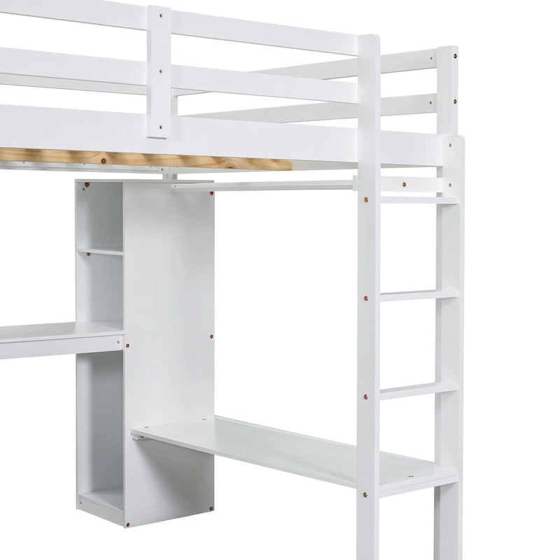 Full Size Solid Wiood Loft Bed with L-shaped Desk, Wardrobe and Storage Shelves