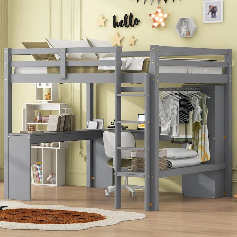 Full Size Solid Wiood Loft Bed with L-shaped Desk, Wardrobe and Storage Shelves