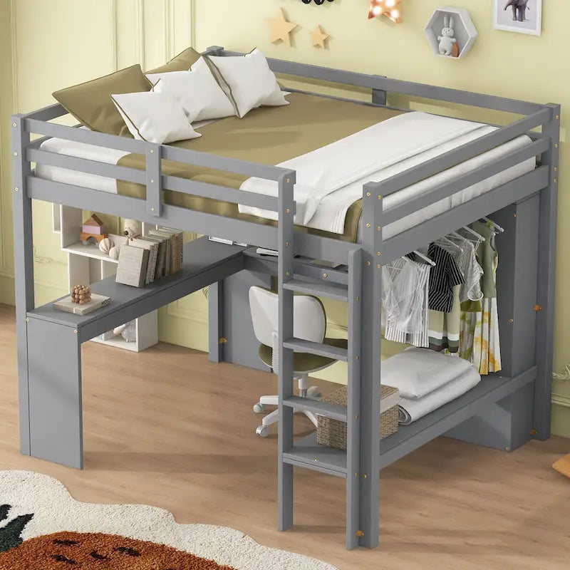 Full Size Solid Wiood Loft Bed with L-shaped Desk, Wardrobe and Storage Shelves