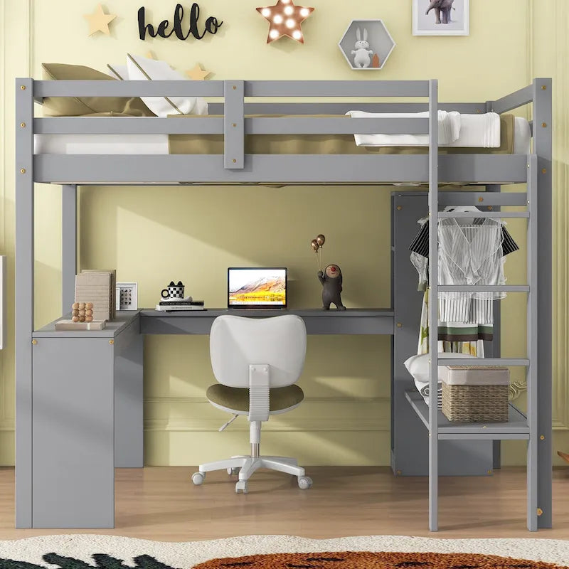 Full Size Solid Wiood Loft Bed with L-shaped Desk, Wardrobe and Storage Shelves