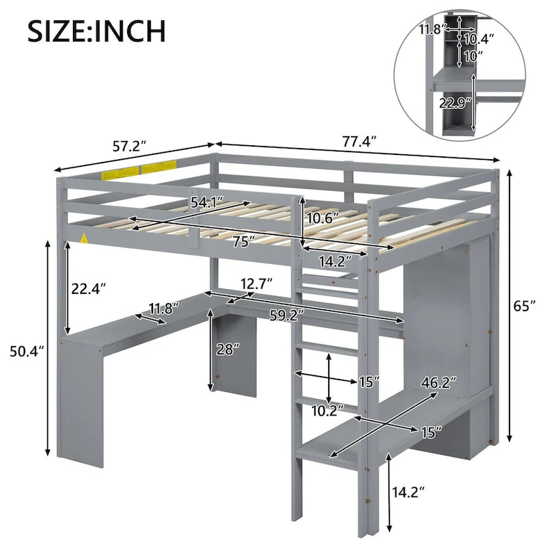 Full Size Solid Wiood Loft Bed with L-shaped Desk, Wardrobe and Storage Shelves