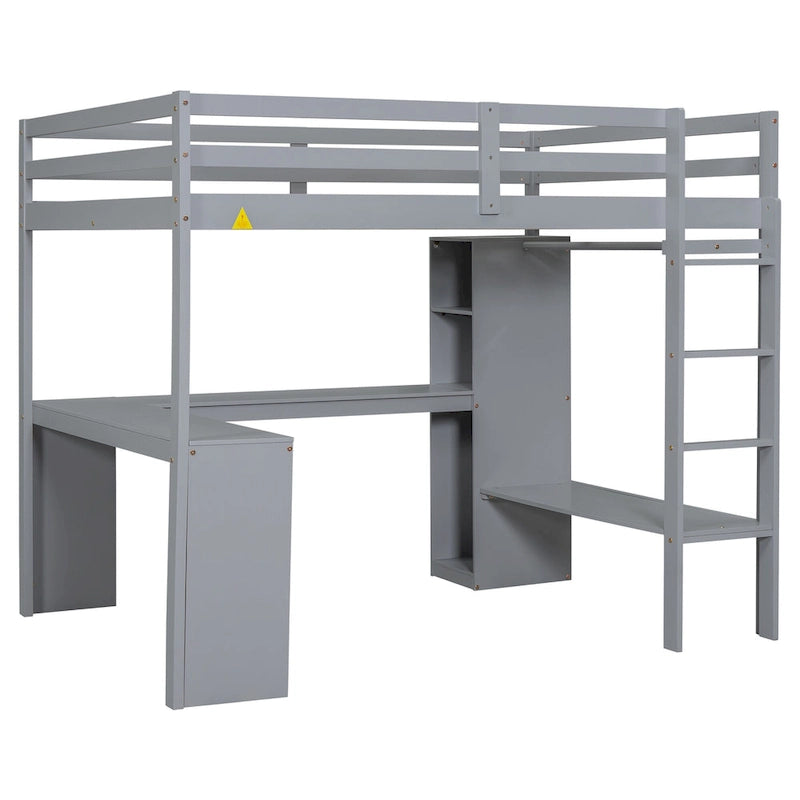 Full Size Solid Wiood Loft Bed with L-shaped Desk, Wardrobe and Storage Shelves