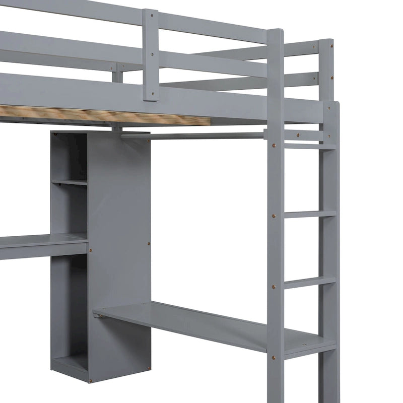 Full Size Solid Wiood Loft Bed with L-shaped Desk, Wardrobe and Storage Shelves
