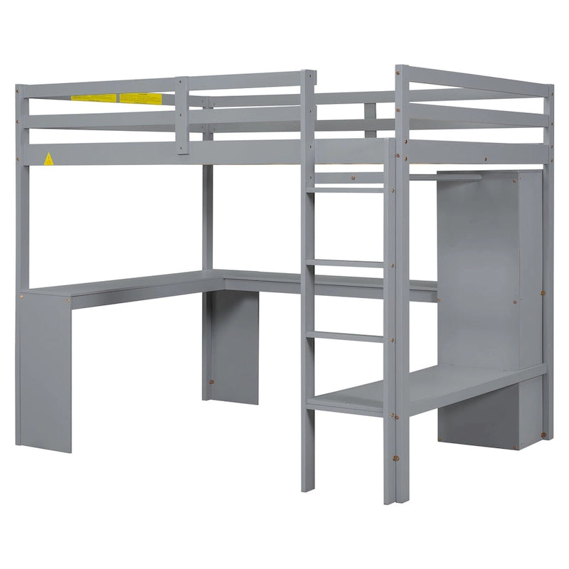 Full Size Solid Wiood Loft Bed with L-shaped Desk, Wardrobe and Storage Shelves