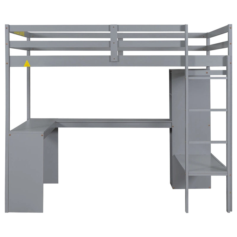 Full Size Solid Wiood Loft Bed with L-shaped Desk, Wardrobe and Storage Shelves