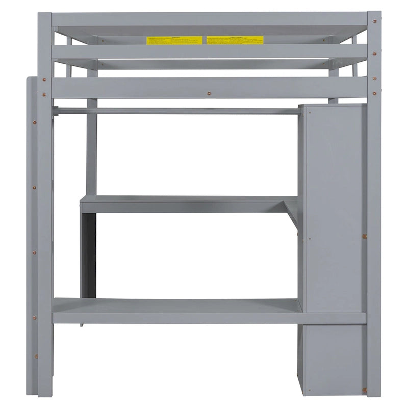 Full Size Solid Wiood Loft Bed with L-shaped Desk, Wardrobe and Storage Shelves
