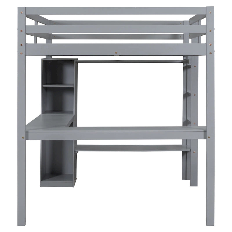 Full Size Solid Wiood Loft Bed with L-shaped Desk, Wardrobe and Storage Shelves