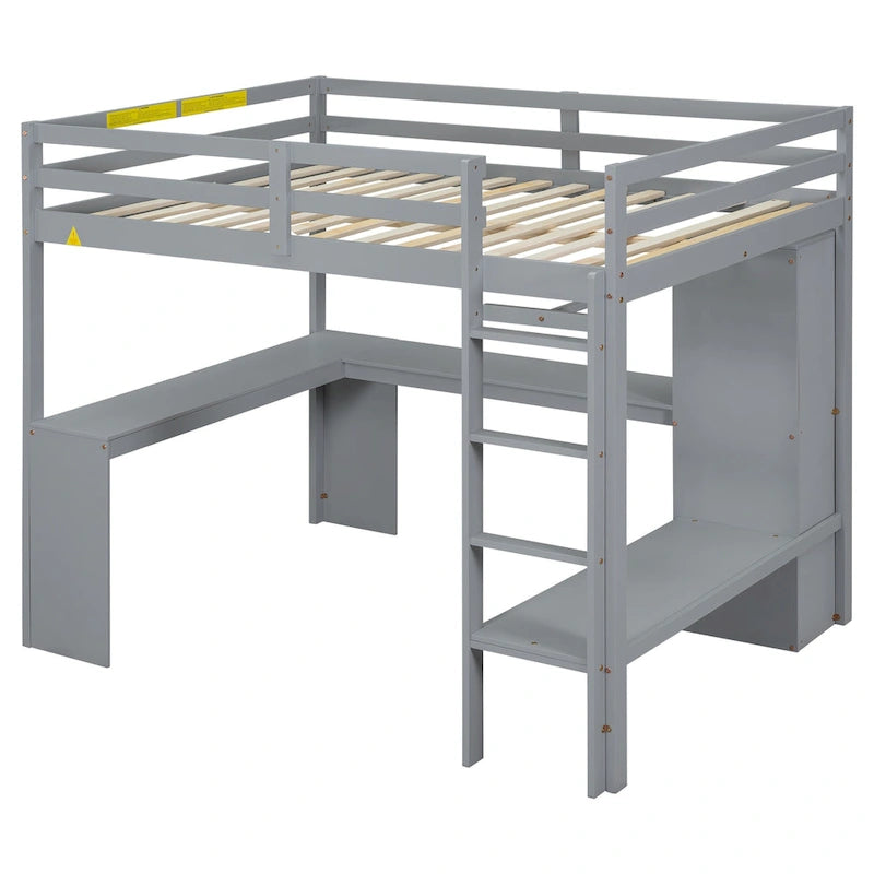 Full Size Solid Wiood Loft Bed with L-shaped Desk, Wardrobe and Storage Shelves