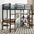 Twin Size Metal Loft bed with Desk, Ladder, Fence and Shelves for Kids, Boys and Girls, Bedroom