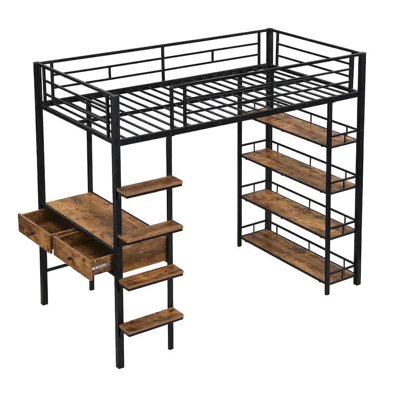 Twin Size Metal Loft bed with Desk, Ladder, Fence and Shelves for Kids, Boys and Girls, Bedroom