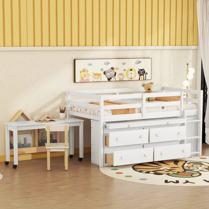 Twin Size Solid Wood Loft Bed with Retractable Desk and Drawers