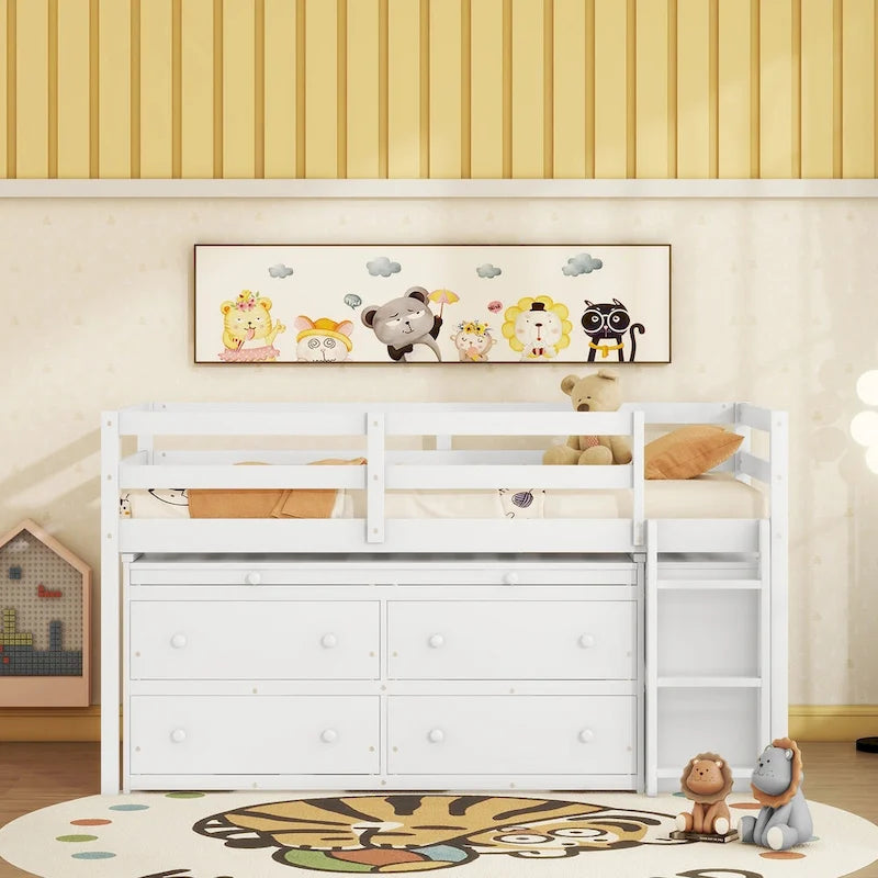 Twin Size Solid Wood Loft Bed with Retractable Desk and Drawers