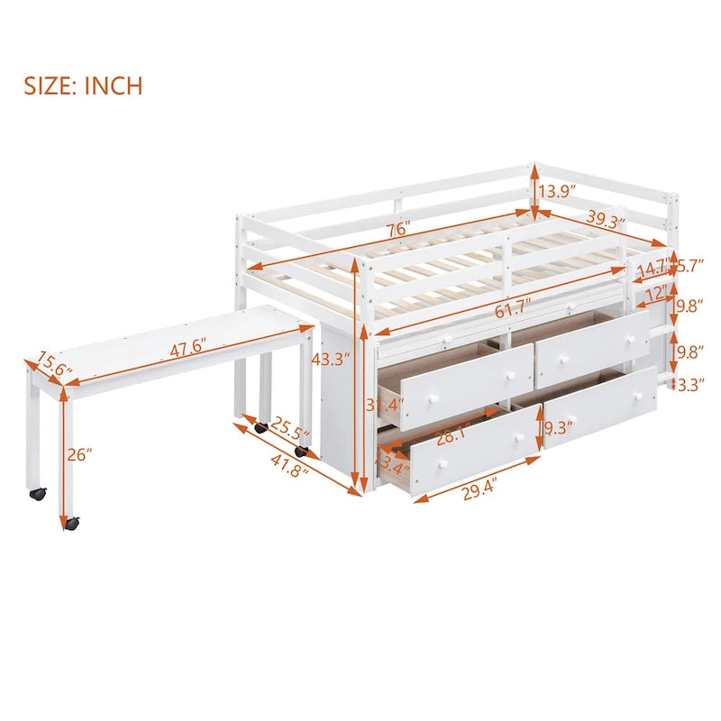 Twin Size Solid Wood Loft Bed with Retractable Desk and Drawers