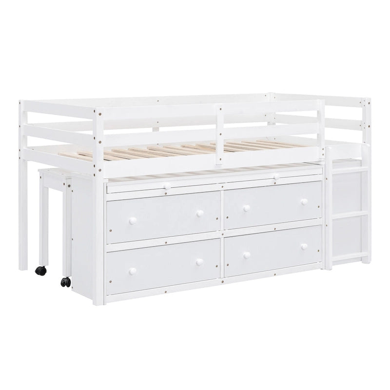 Twin Size Solid Wood Loft Bed with Retractable Desk and Drawers