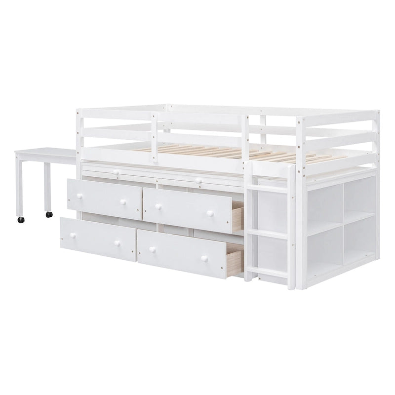 Twin Size Solid Wood Loft Bed with Retractable Desk and Drawers
