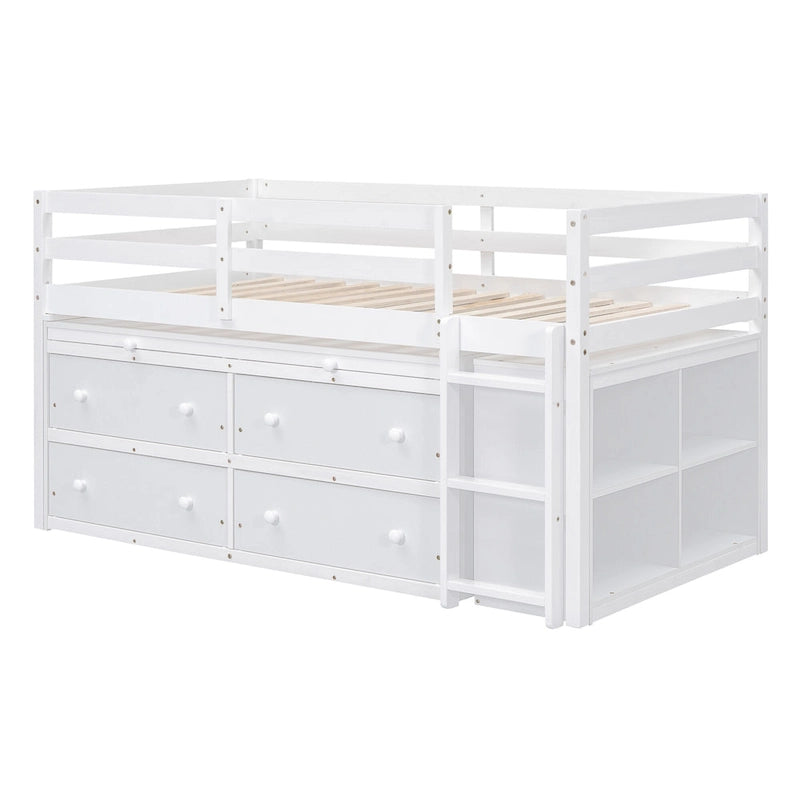 Twin Size Solid Wood Loft Bed with Retractable Desk and Drawers