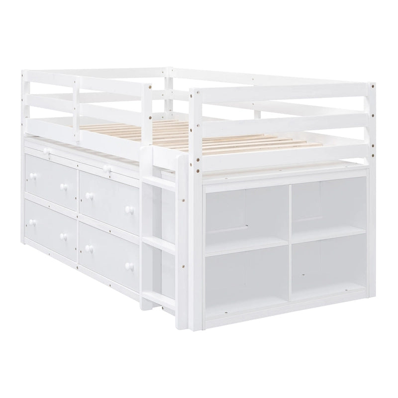 Twin Size Solid Wood Loft Bed with Retractable Desk and Drawers