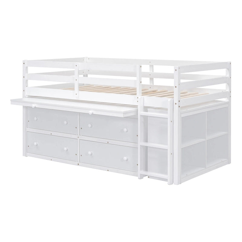 Twin Size Solid Wood Loft Bed with Retractable Desk and Drawers