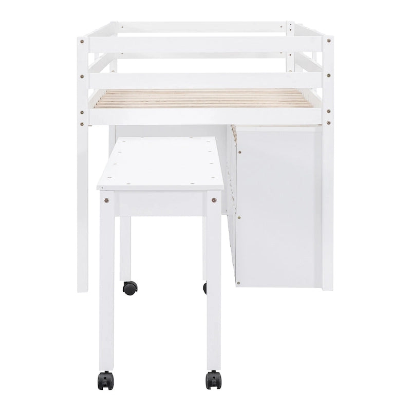 Twin Size Solid Wood Loft Bed with Retractable Desk and Drawers