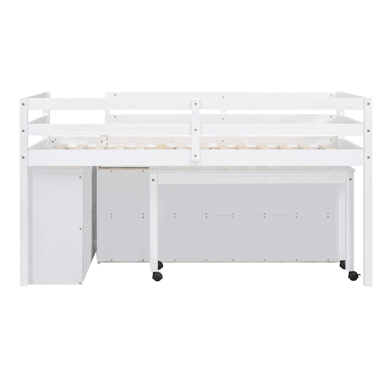 Twin Size Solid Wood Loft Bed with Retractable Desk and Drawers