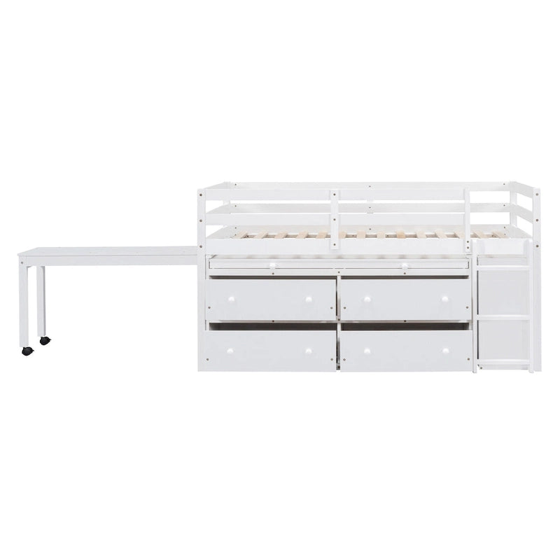Twin Size Solid Wood Loft Bed with Retractable Desk and Drawers
