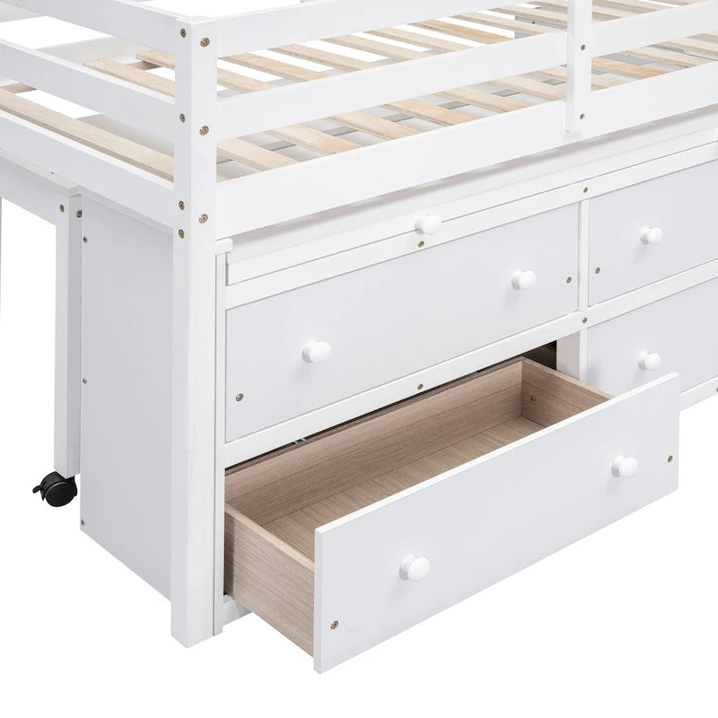Twin Size Solid Wood Loft Bed with Retractable Desk and Drawers