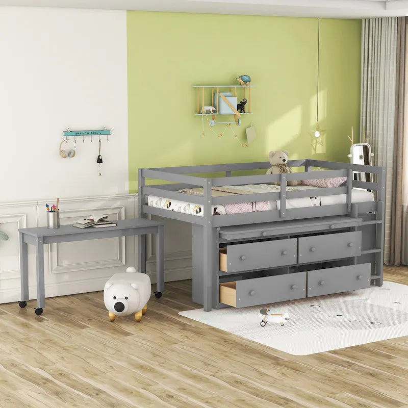 Twin Size Solid Wood Loft Bed with Retractable Desk and Drawers