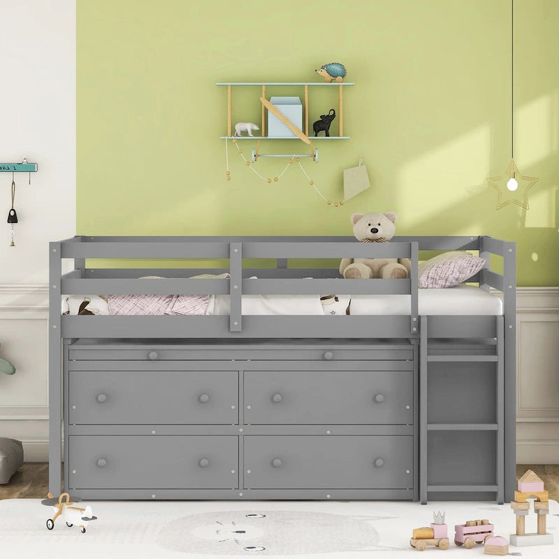 Twin Size Solid Wood Loft Bed with Retractable Desk and Drawers
