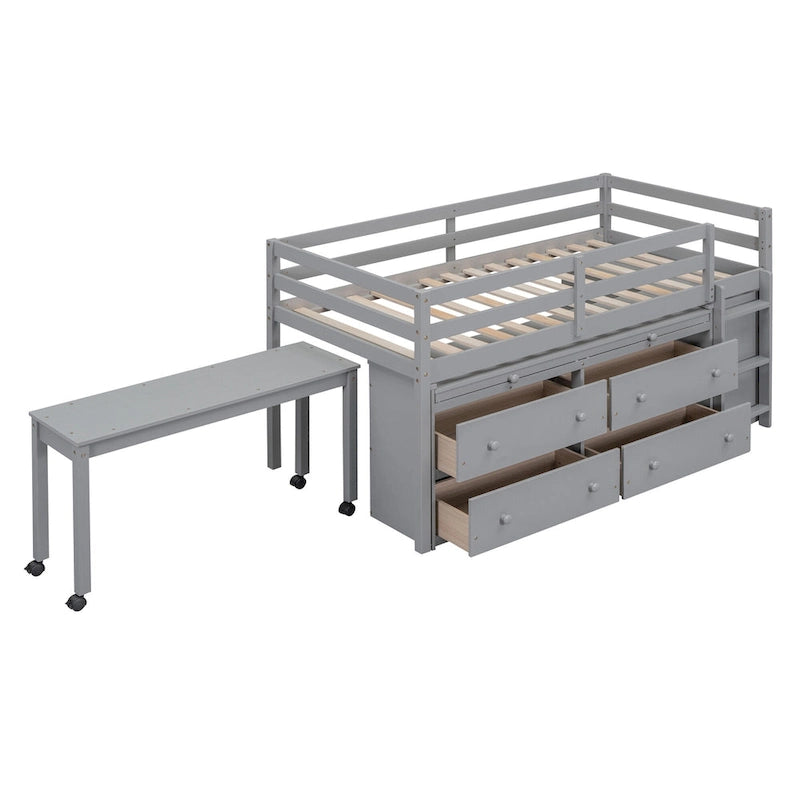 Twin Size Solid Wood Loft Bed with Retractable Desk and Drawers