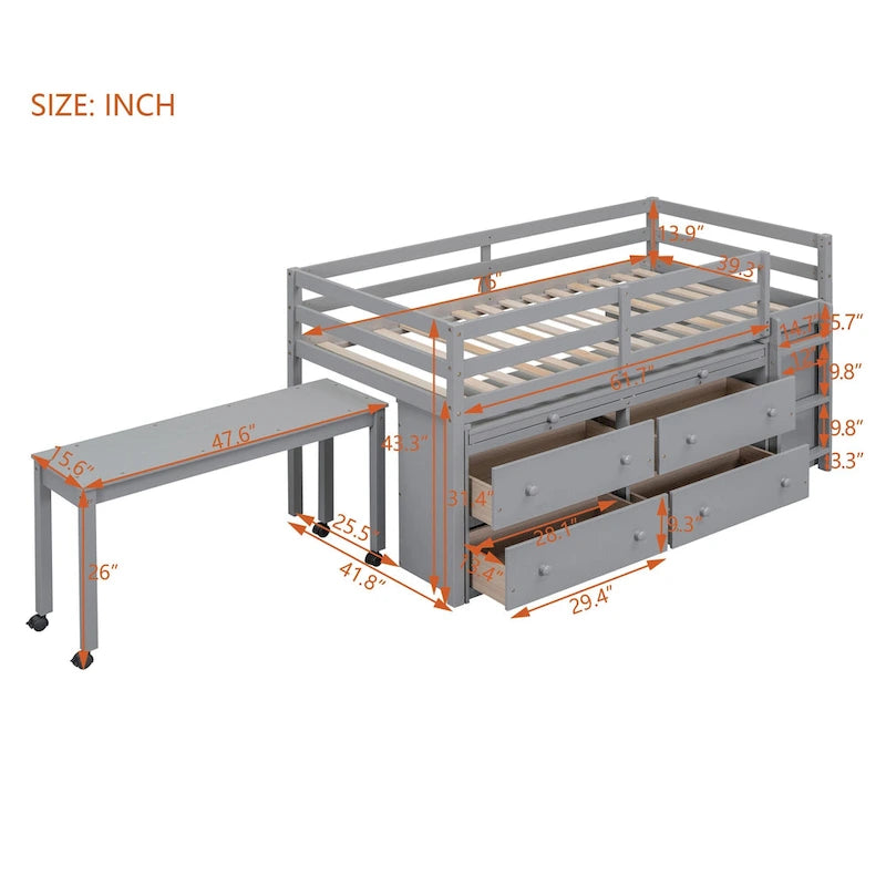 Twin Size Solid Wood Loft Bed with Retractable Desk and Drawers