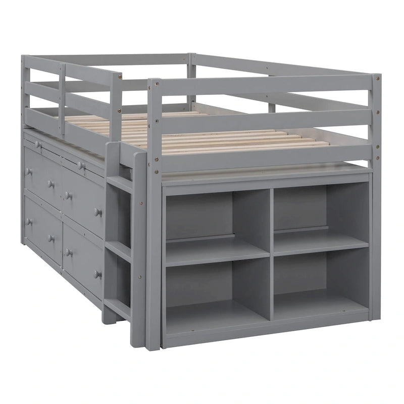 Twin Size Solid Wood Loft Bed with Retractable Desk and Drawers