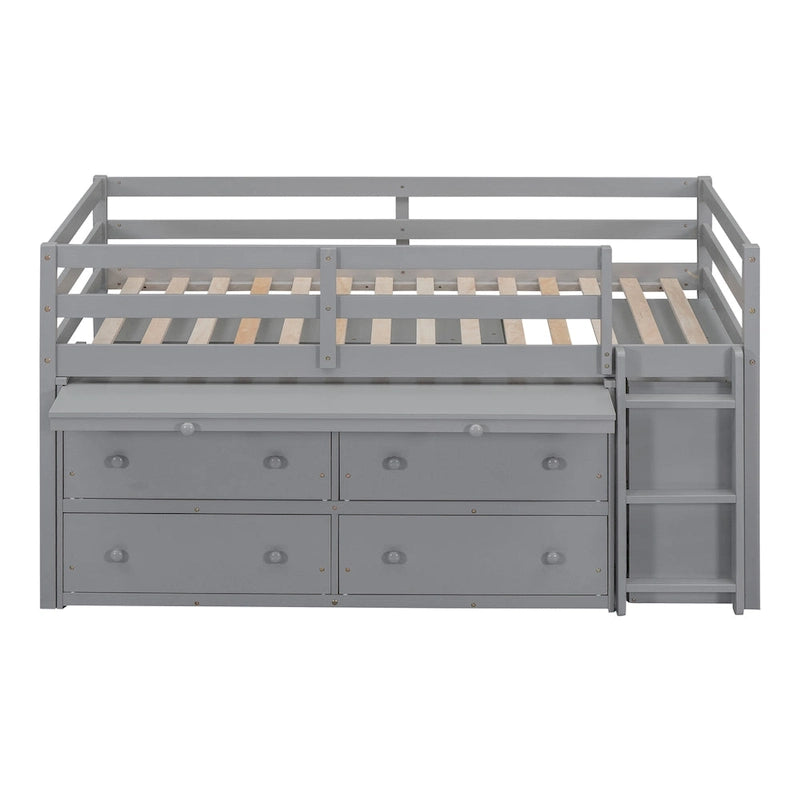 Twin Size Solid Wood Loft Bed with Retractable Desk and Drawers