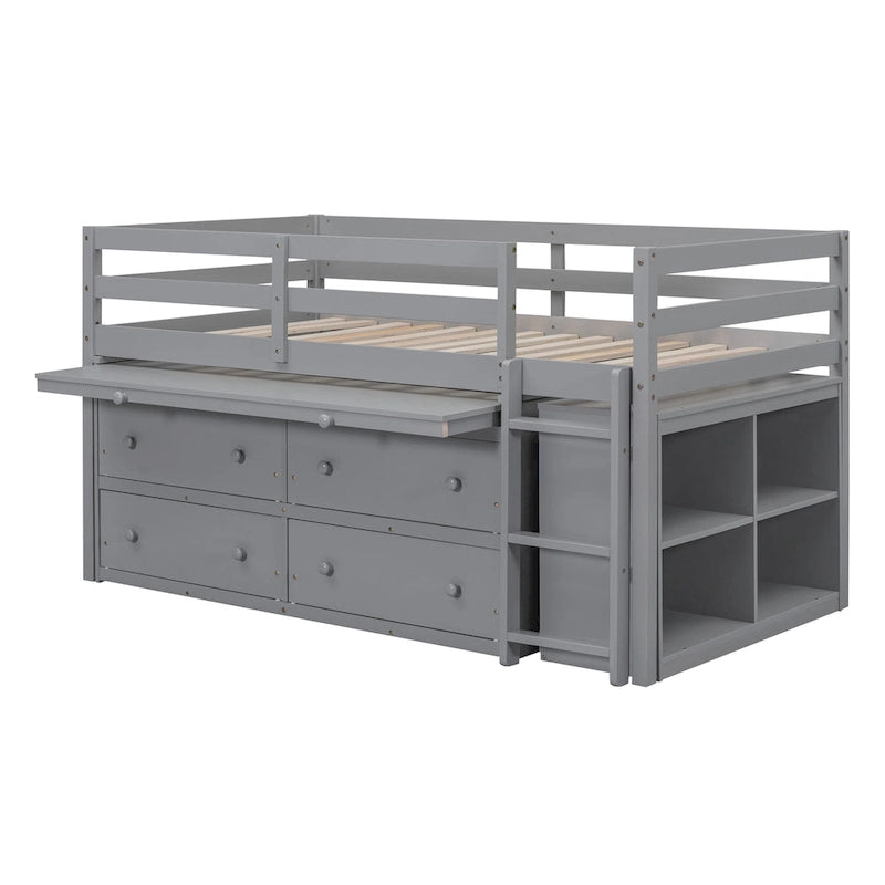 Twin Size Solid Wood Loft Bed with Retractable Desk and Drawers