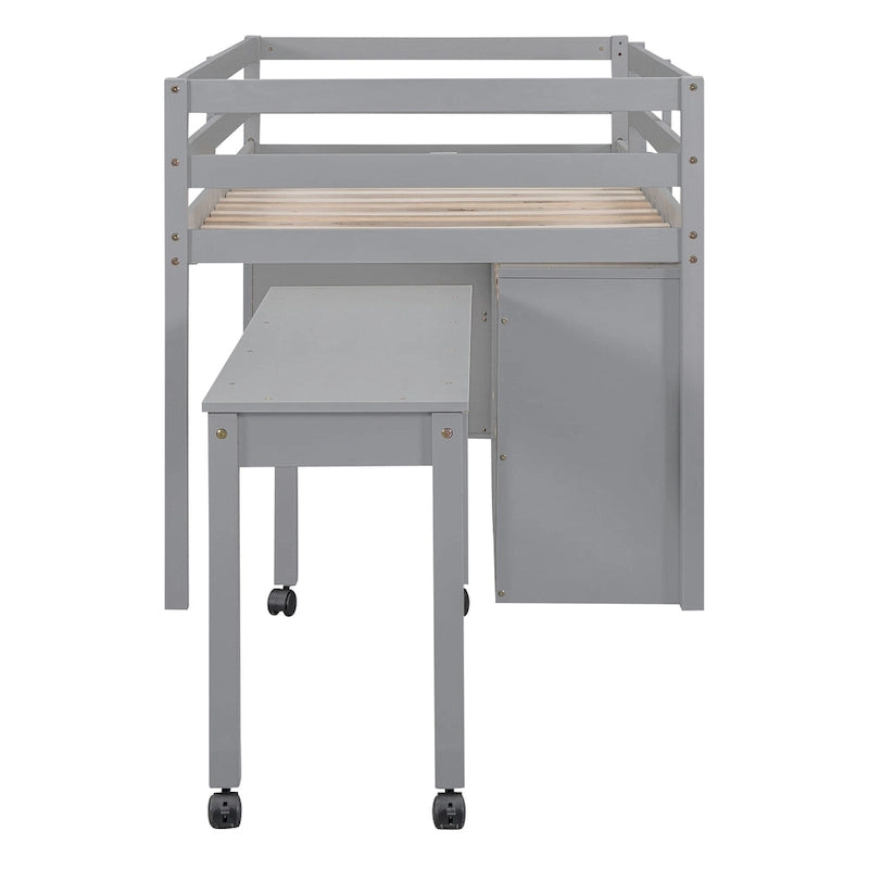 Twin Size Solid Wood Loft Bed with Retractable Desk and Drawers