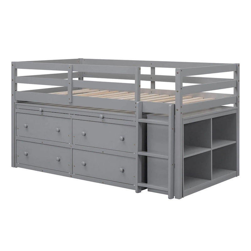 Twin Size Solid Wood Loft Bed with Retractable Desk and Drawers