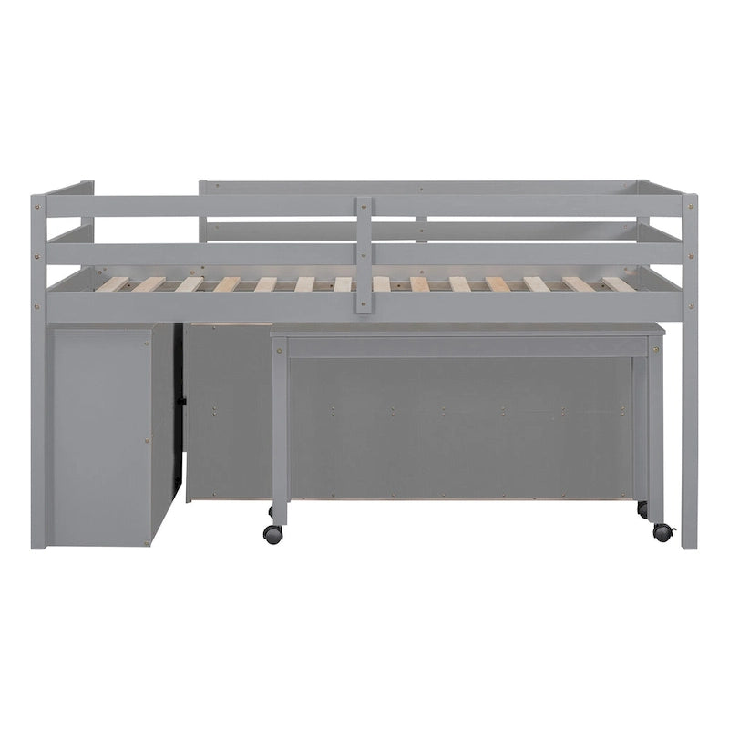 Twin Size Solid Wood Loft Bed with Retractable Desk and Drawers