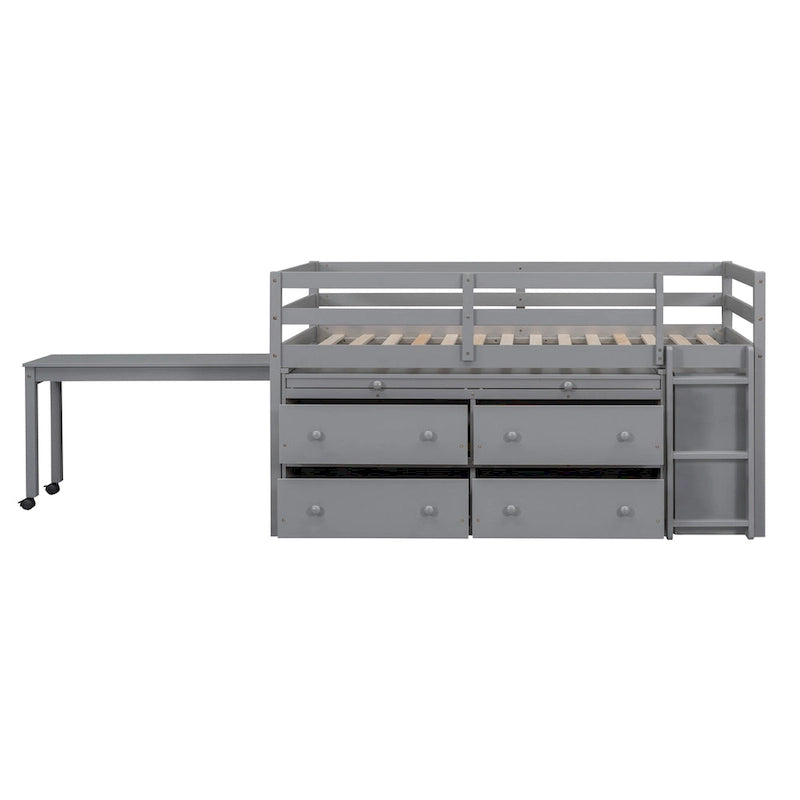 Twin Size Solid Wood Loft Bed with Retractable Desk and Drawers