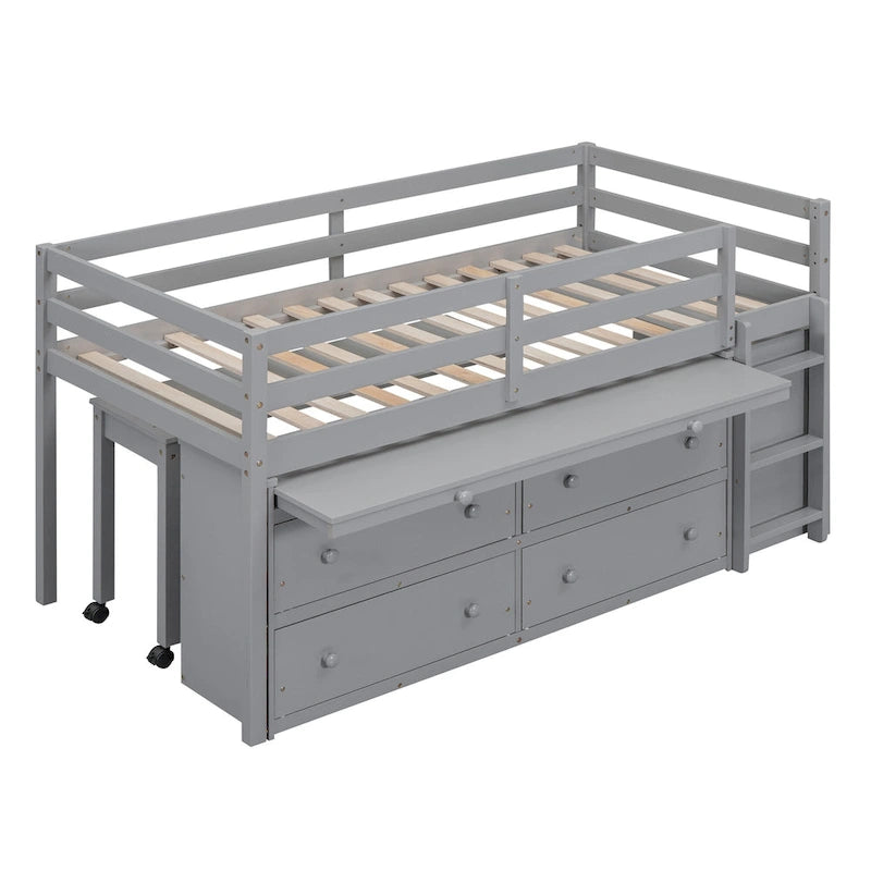 Twin Size Solid Wood Loft Bed with Retractable Desk and Drawers