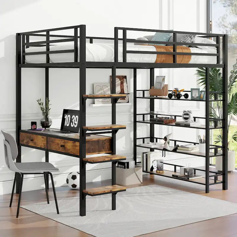 Metal Loft Bed with Desk, Ladder, Fence, and Shelves for Kids
