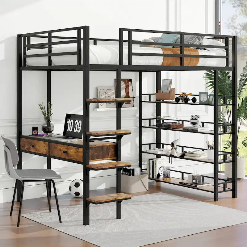 Metal Loft Bed with Desk, Ladder, Fence, and Shelves for Kids