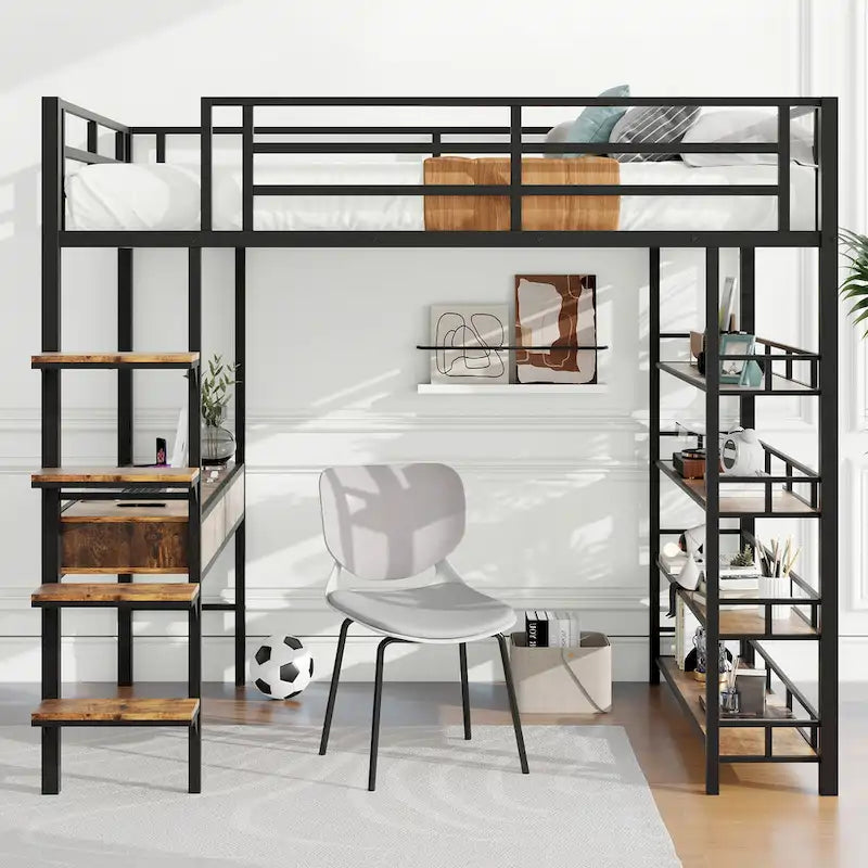 Metal Loft Bed with Desk, Ladder, Fence, and Shelves for Kids